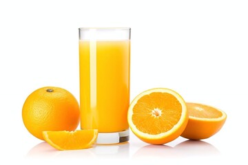 Glass of orange juice and ripe fruits isolated on a white background.