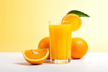 Naklejka premium Orange juice and oranges. Glass of fresh orange juice with slice of orange on yellow background.