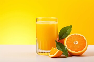 Glass of orange juice and fresh fruits on a yellow background. Copy space.