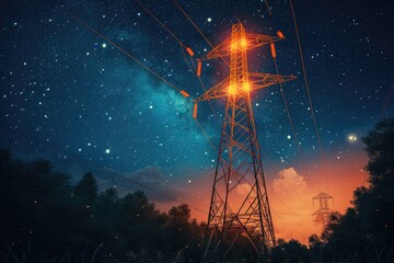 Glowing orange wires on electricity transmission towers against starry night sky. - obrazy, fototapety, plakaty