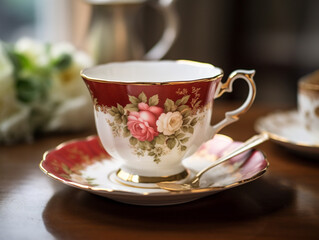 A classic cup of English breakfast tea served in a delicate and elegant fine china set.