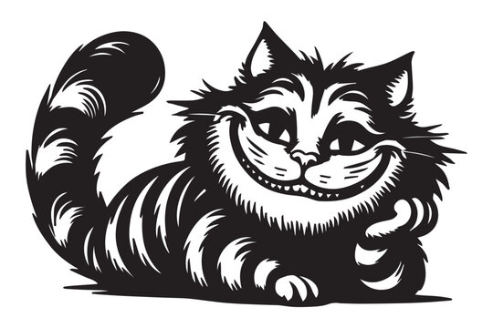 Tabby cat with a grin vector drawing, black silhouette on a transparent background, cartoon print for stencil