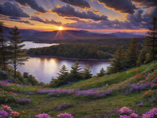 Nature. sunset, lake, forest, clouds, field, flowers tree. hills