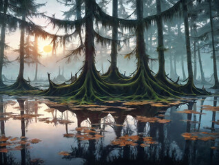 forest, swamp, trees, water, flood, mud, sun