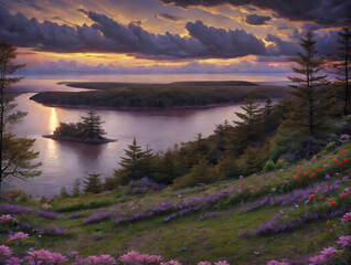 Nature. sunset, lake, forest, clouds, field, flowers tree. hills