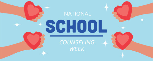 Banner for National School Counseling Week with hands holding red hearts