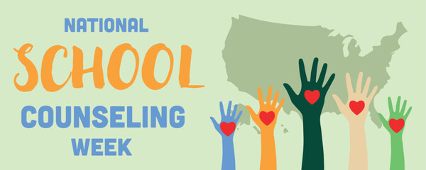 Banner for National School Counseling Week with colorful hands with red hearts