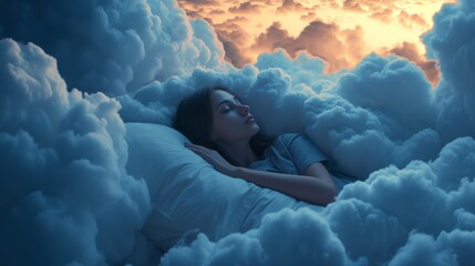 Young female sleeping on a pillow made of soft clouds. Air dreams. Soft heavenly bed