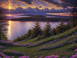 Nature. sunset, lake, forest, clouds, field, flowers tree. hills