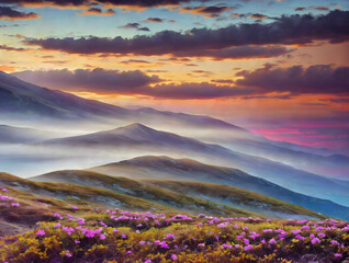 Nature. sunset, forest, clouds, field, flowers tree. hills , fog