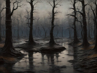 forest, swamp, trees, water, flood, mud