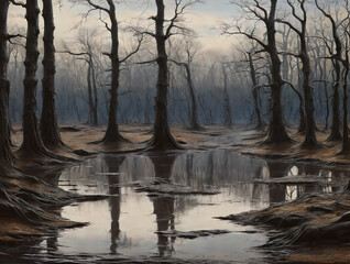 Enigmatic Swamp: A hauntingly beautiful scene of a desolate swamp, where twisted trees stand tall amidst shallow, reflective waters, evoking a sense of mystery and solitude.