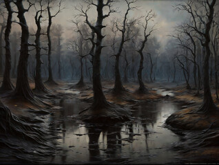 forest, swamp, trees, water, flood, mud