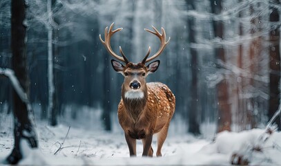 Beautiful deer in winter standing in the forest