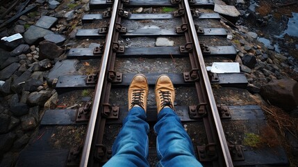 A person standing on a narrow gauge railway track with their feet in the air, AI