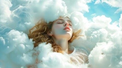 Naklejka premium Young female sleeping on a pillow made of soft clouds. Air dreams. Soft heavenly bed