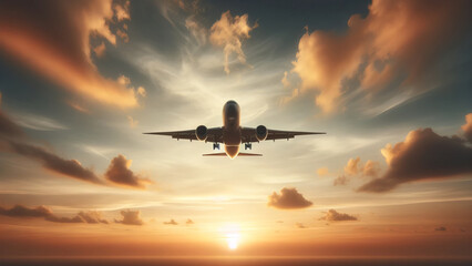 Commercial Airplane Flying in Soft Sunset Light - obrazy, fototapety, plakaty