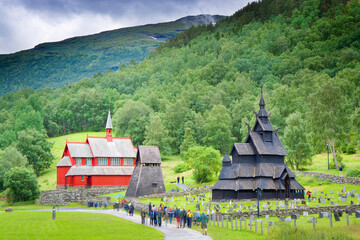 Fototapeta na wymiar Old and new church in Borgund, Norway