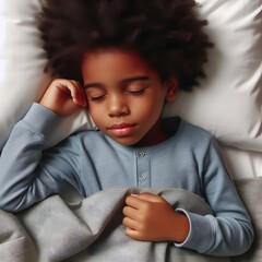 Beautiful african american boy sleeping peacefully top view . Concept of sweet dreams and happy nap