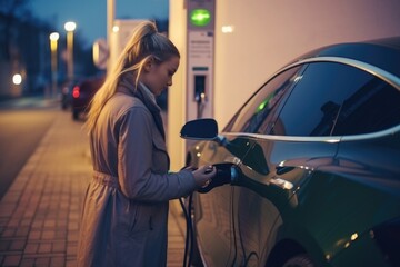 Woman waits for electric car to charge at home.