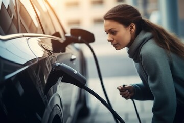 Woman waits for electric car to charge at home.