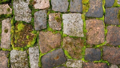Cobblestone pavement with moss and lichen, background texture.
