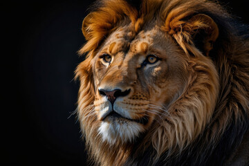 Majestic lion face with dark background