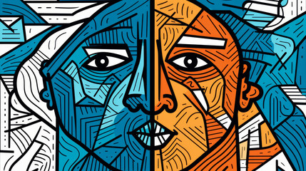 Abstract illustration, facial mosaic of split face in vibrant contrasting blue and orange hues. Contrasting colors represent duality within oneself, bipolar disorder, conscious and subconscious.