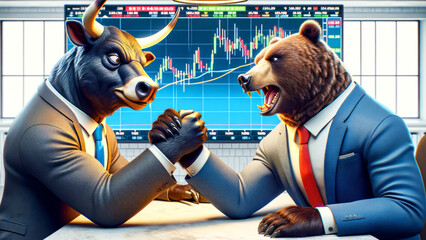 Corporate Financial Contest Between Bull and Bear - obrazy, fototapety, plakaty