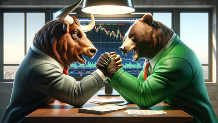 Stock Market Analysis Arm Wrestling Match of Markets - obrazy, fototapety, plakaty