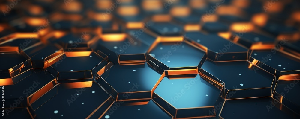 Poster a hexagonal abstract background in blue and gold tones, reflecting advances in materials science. id