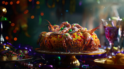 Freshly baked cheese King Cake with Crawfish for celebrating Mardi Gras - AI Generated Abstract Art