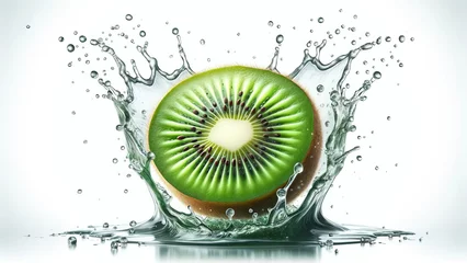 Poster Half-Cut Kiwi with Clear Juice Splash Isolated Background © ANDREY PROFOTO