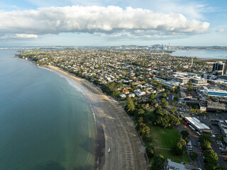 Aerial: Takapuna skyline in Auckland, Auckland, New Zealand.