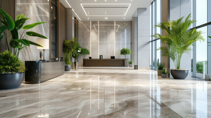 Light brown interior of modern office hall with clean marble floor and green plants, inside luxury shiny lobby of commercial building. Concept of hallway, service, company, business. - obrazy, fototapety, plakaty