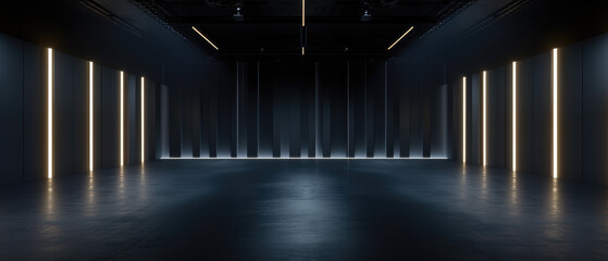 Abstract dark room background, empty garage with lines of led light, black interior of modern hall, stage or studio. Concept of futuristic hallway, warehouse, showroom - obrazy, fototapety, plakaty