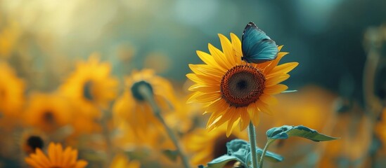Sunflowers with vibrant yellow petals attract butterflies and wasps.