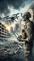 Fototapeta premium Advanced Drone Surveillance by Soldier in Ruined Cityscape