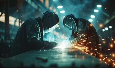 The two handymen performing welding and grinding at their workplace in the workshop, while the sparks "fly", they wear a protective helmet and equipment.