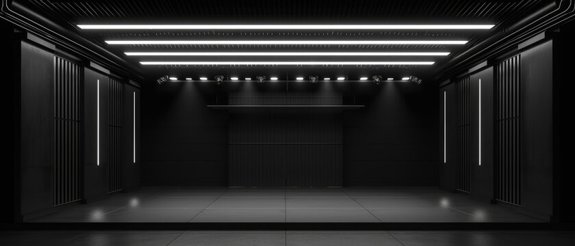 Abstract dark stage background, empty garage with lines of led light, black interior of modern hall, room or studio. Concept of futuristic hallway, warehouse, industry