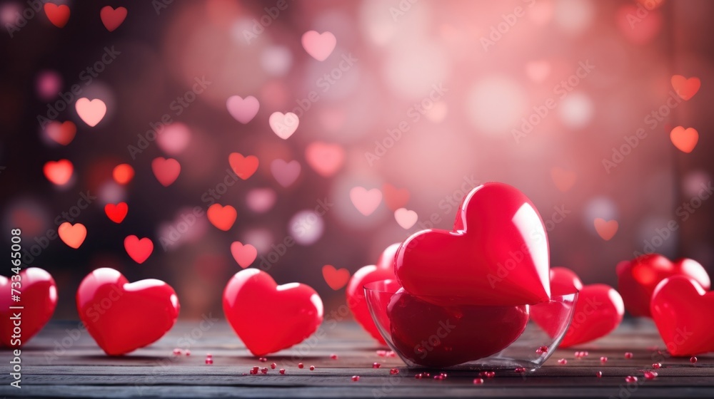 Wall mural A bunch of red hearts are scattered on a table, AI