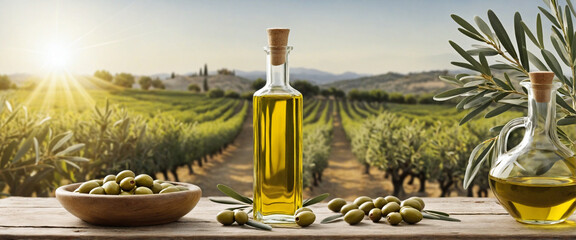 golden olive oil bottles with olives leaves and fruits setup in the middle of rural olive field with morning sunshine as wide banner with copyspace area 