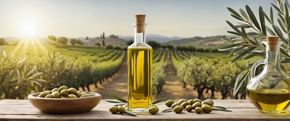 Fototapeten golden olive oil bottles with olives leaves and fruits setup in the middle of rural olive field with morning sunshine as wide banner with copyspace area  © Random_Mentalist