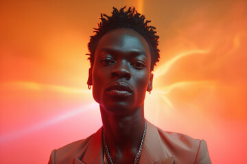 Stylish young man in warm neon lighting Generative AI image