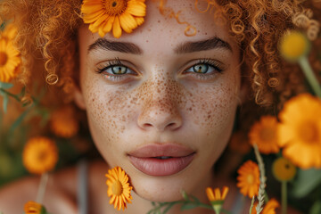 Close-up portrait of a woman surrounded by orange flowers Generative AI image