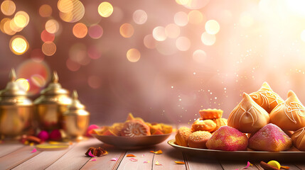 Deepa with sweets decoration for Diwali on bokeh light background - AI Generated