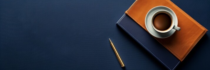 Extra wide banner header flatlay image with dark color scheme using leather and linen design details ideal for modern business or corporate product mockup, scene creator, text background, copy space