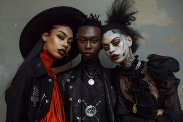 Gothic-Inspired Fashion Trio with Edgy Makeup and Attire Generative AI image