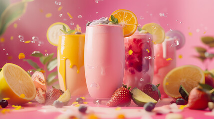 Colorful smoothie, healthy detox vitamin diet or vegan food conceptcold strawberry smoothie with ice - AI Generated