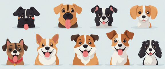 Funny dog animal head cartoon set in modern flat illustration style. Cute puppy pet collection, diverse breeds - domestic dogs bundle.	